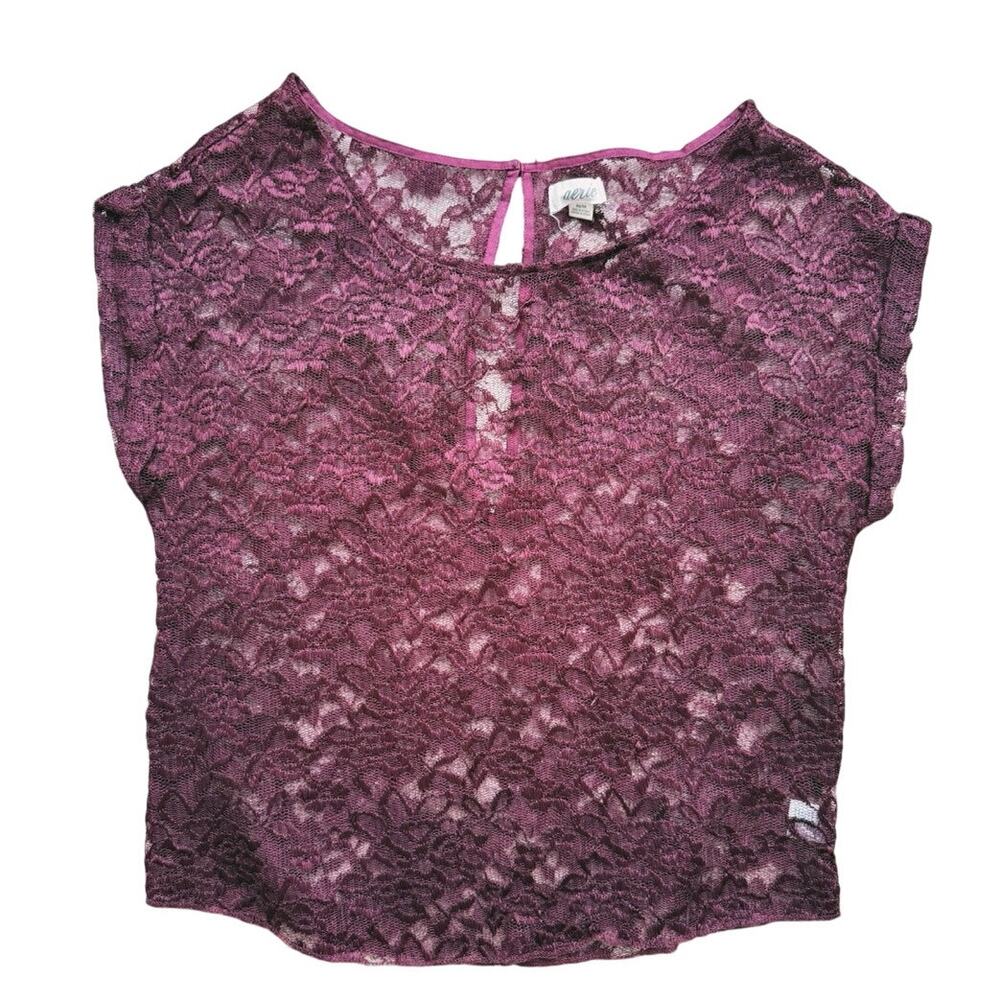 Vintage Y2K Aerie Whimsigoth Floral Lace Sheer Dolman Blouse XS Maroon Romantic